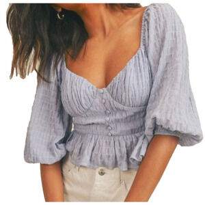 Blue Smocked Milkmaid Peasant Prairie Puff Sleeve Peplum Renaissance Ruffle Top